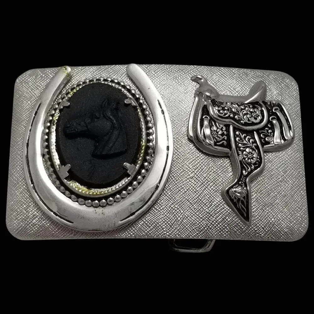 Vintage‎ Belt Buckle Embossed Horseshoe Horse Head Horse Saddle Western Cowboy